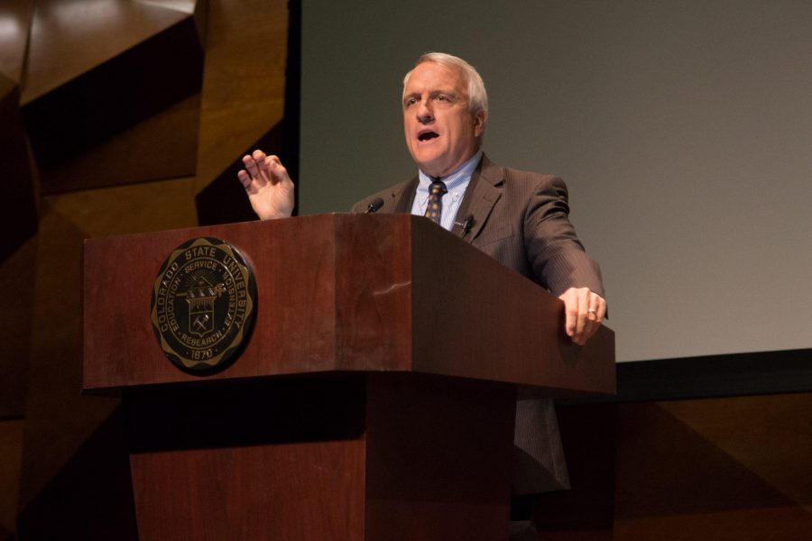 Bill Ritter gives a speech about energy in the Lory Student Center. (Trevor Capozza | Collegian)