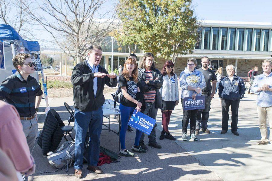 Senator Michael Bennet speaks to a crowd in front of  Lory Student Center Plaza on Nov 3, 2016. (Luke Walker | Collegian)