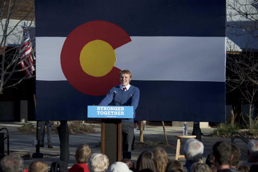 Colorado State University Student gives an introduction speech before Bill Clinton at New Belgium on Nov 4, 2016. (Luke Walker | Collegian)