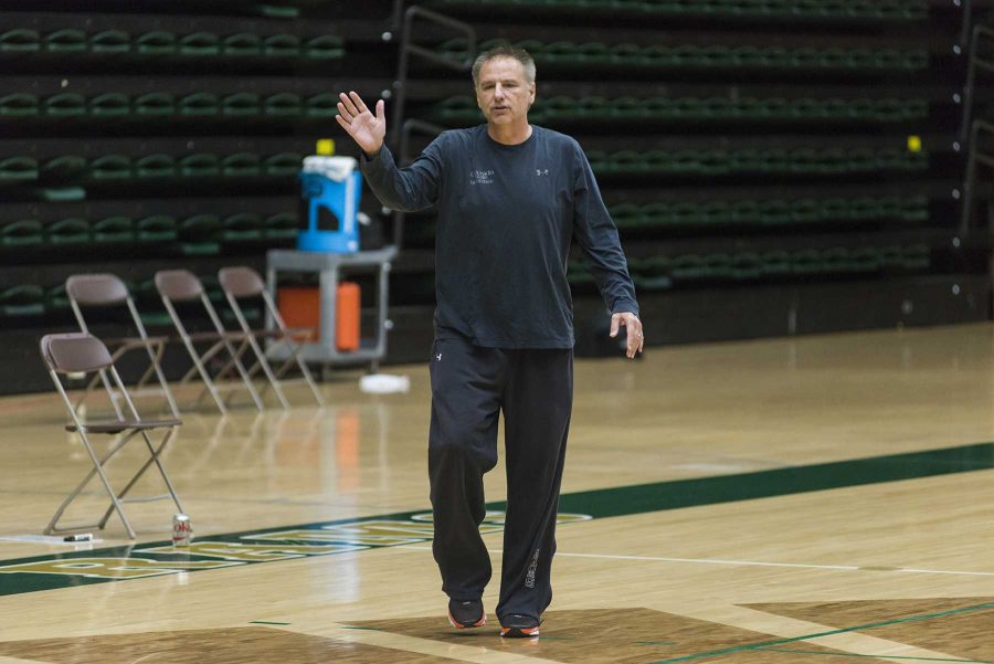 Colorado State University coach Larry Eustachy walks on to the court to talk to the team during practice at Moby Arena on Nov 1, 2016. (Luke Walker | Collegian)