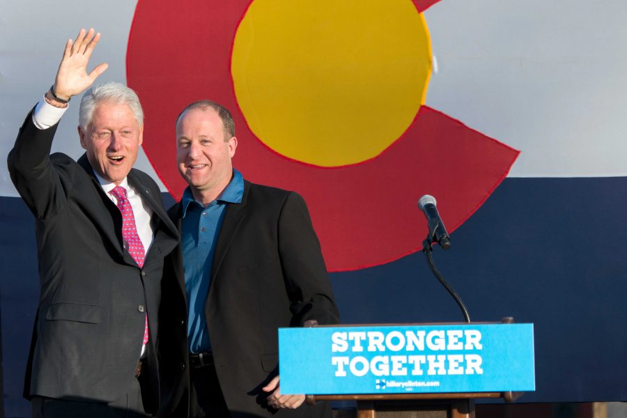 Representative Jared Polis introduces former president Bill Clinton for a Hillary Clinton rallly at New Belgium on Nov 4, 2016. (Luke Walker | Collegian)