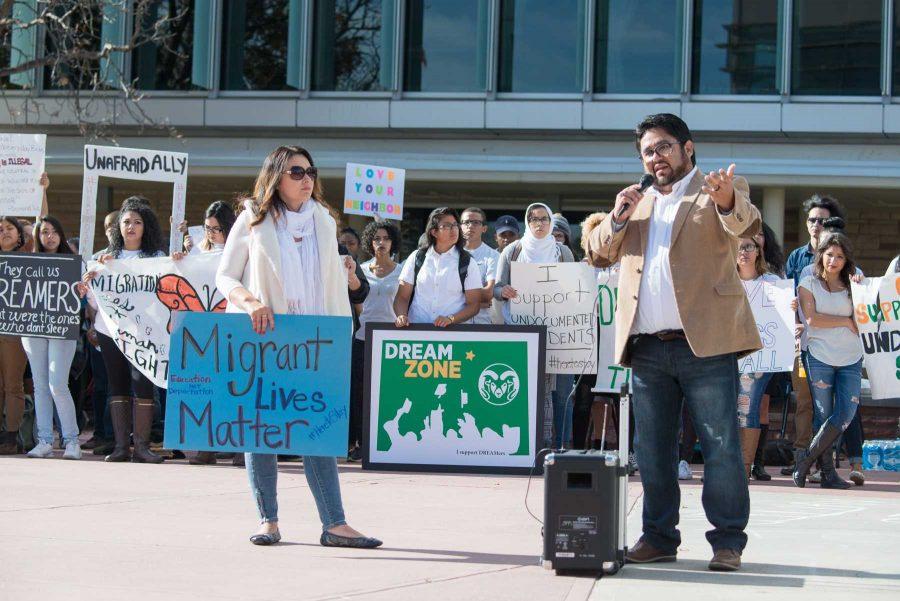 Colorado State University Students stand in support of DACA at the Lory Student Center Plaza on Nov 14, 2016. (Luke Walker | Collegian)