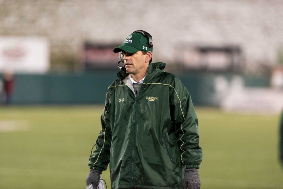 Colorado State University coach Mike Bobo on the sideline during the game against New Mexico at Hughes Stadium on Nov 19. This is the final game at Hughes Stadium before the opening of a new on campus stadium in 2017. (Luke Walker | Collegian)