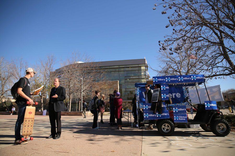 Democratic Congressman Jared Polis, in suit, speaks to Colorado State University freshman Declan Watts, left, while in the Plaza on Wednesday, November 2nd. Polis made an appearance at Colorado State University and spoke about his campaign in the week prior to the election. (Forrest Czarnecki | Collegian)