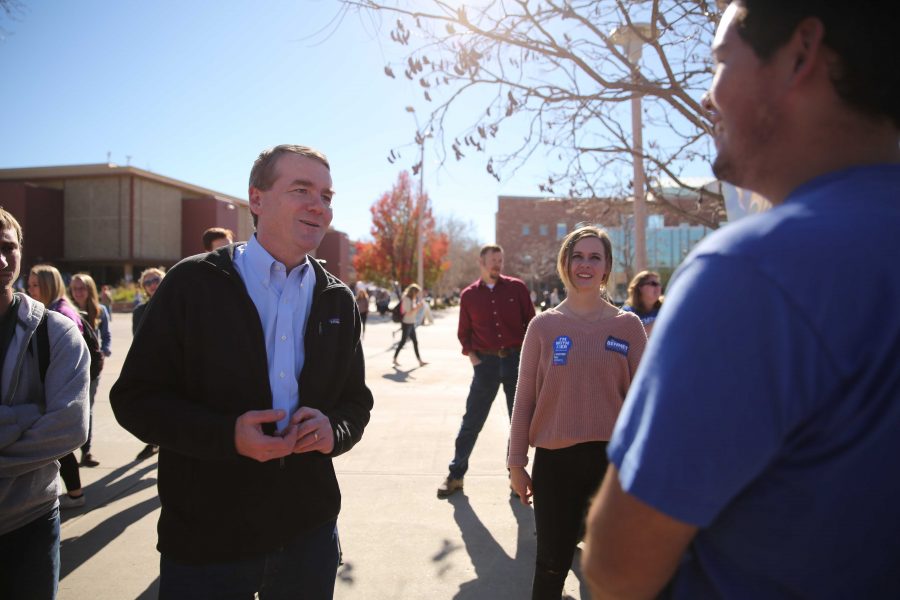 Michael Bennet speaks to supporters and possible constituents of his in the Plaza on Thursday, November 3rd. (Forrest Czarnecki | Collegian)