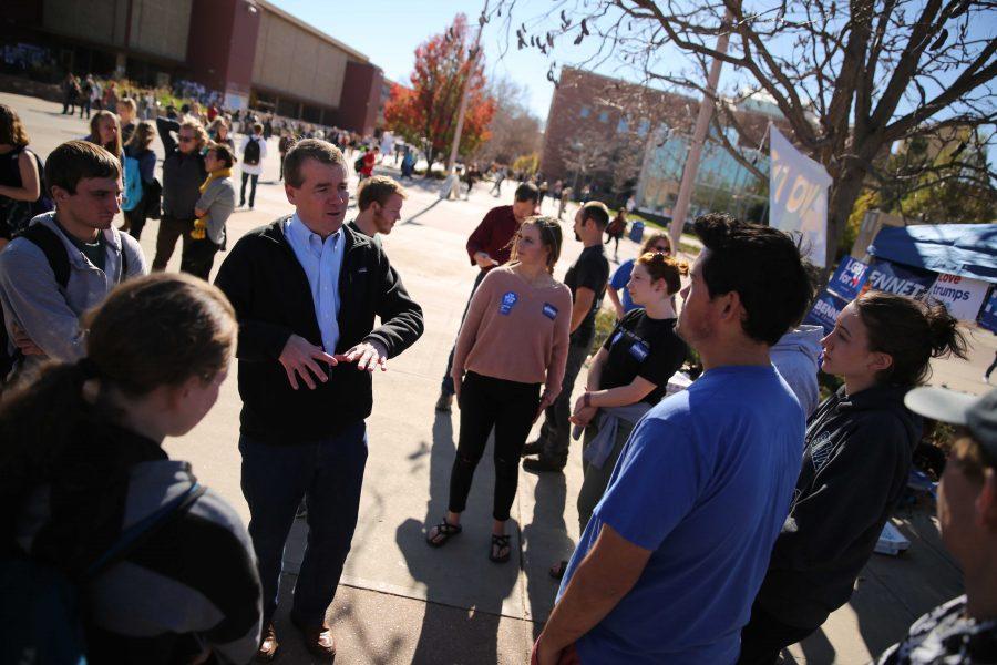 Michael Bennet speaks to supporters and possible constituents of his in the Plaza on Thursday, November 3rd. (Forrest Czarnecki | Collegian)
