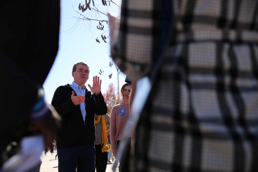Michael Bennet speaks to supporters and possible constituents of his in the Plaza on Thursday, November 3rd. (Forrest Czarnecki | Collegian)