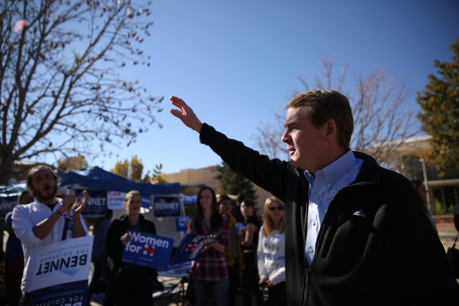 Democratic U.S. Senator Michael Bennet waves to his supporters while in the Plaza on Thursday, November 3rd. Bennet made an appearance at Colorado State University and spoke about his campaign just a week prior to the election. (Forrest Czarnecki | Collegian)
