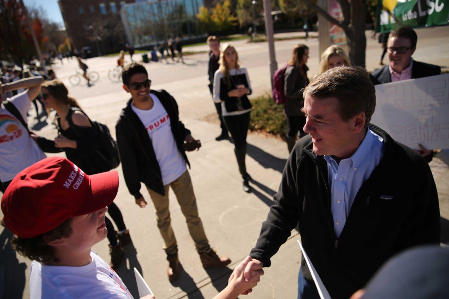 Democratic U.S. Senator Michael Bennet talks to and shakes the hands of supporters for Darryl Glenn, the Republican running against Bennet, supporters while in the Plaza on Thursday, November 3rd. Bennet made an appearance at Colorado State University and spoke about his campaign just a week prior to the election. (Forrest Czarnecki | Collegian)