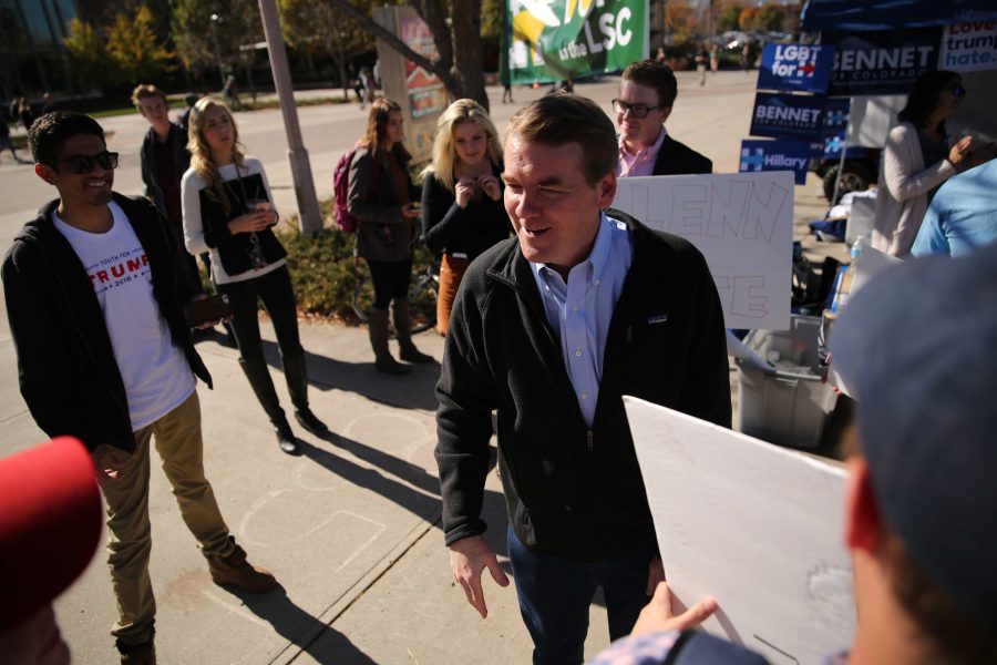 Democratic U.S. Senator Michael Bennet talks to and shakes the hands of Darryl Glenn, the Republican running against Bennet, supporters while in the Plaza on Thursday, November 3rd. Bennet made an appearance at Colorado State University and spoke about his campaign just a week prior to the election. (Forrest Czarnecki | Collegian)