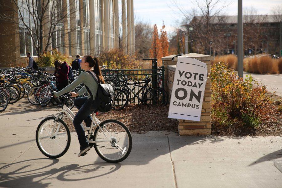 A sign advocating for students to go vote hangs near the Plaza on Tuesday, November 8th. (Forrest Czarnecki | Collegian)