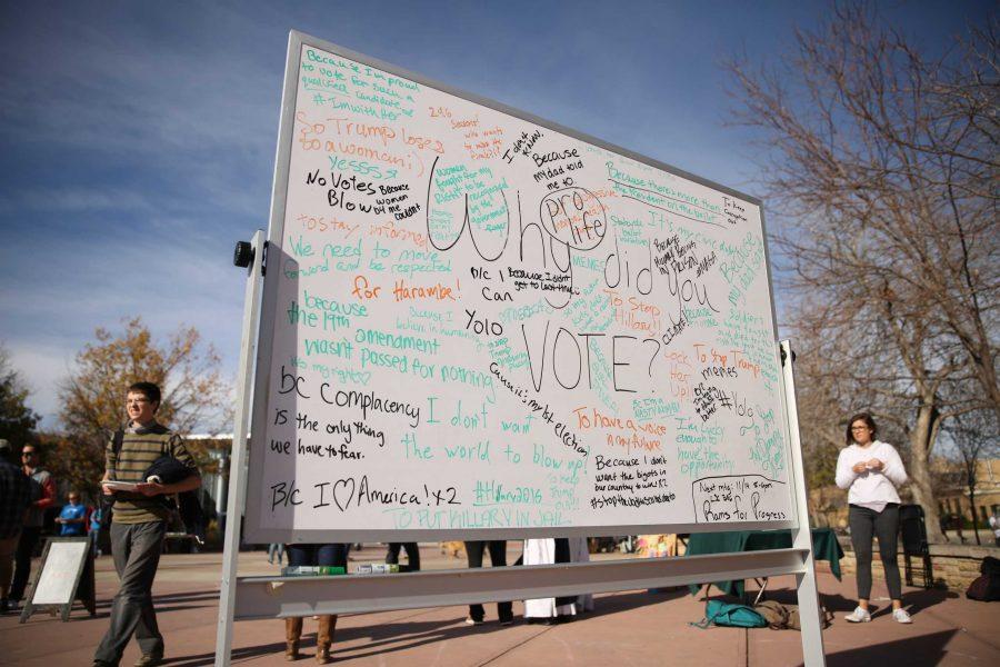 A white board displaying various reasons why students voted this year is seen in the Plaza on Tuesday November 8th, 2016. (Forrest Czarnecki | Collegian)