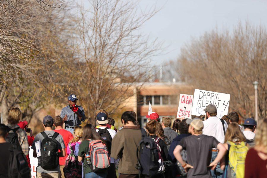Republican candidate for the U.S. Senate Darryl Glenn (with megaphone) speaks on the Stump in the Plaza on Tuesday, November 8th. (Forrest Czarnecki | Collegian)