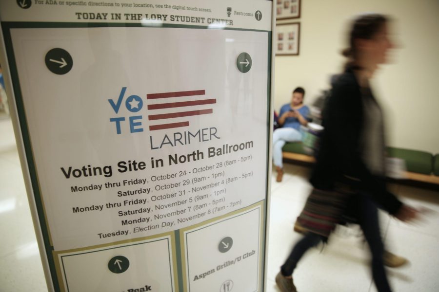 Signs showing where and when to vote in Larimer county are seen at the Lory Student Center on Tuesday, Nov. 8, 2016. (Forrest Czarnecki | Collegian)