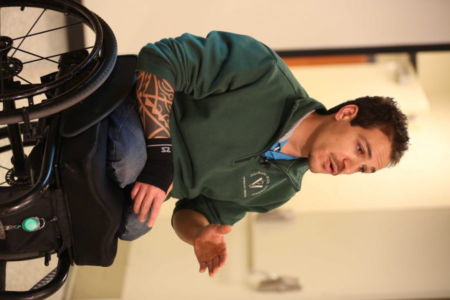 Bernard Dime speaks about his skydiving accident, and why he chose to pursue becoming a veterinarian following the accident. Dime is the first paraplegic student in Colorado State University's veterinarian program. (Forrest Czarnecki | Collegian)