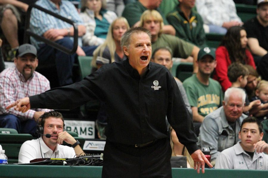Head Coach Larry Eustachy reacts to a missed foul call during the Rams 64-61 win over New Mexico State. (Javon Harris | Collegian)