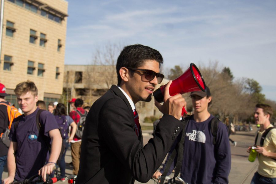 Juan Caro speaks on the LSC plaza for Donald Trump during election day. (Tony Villalobos May| Collegian)