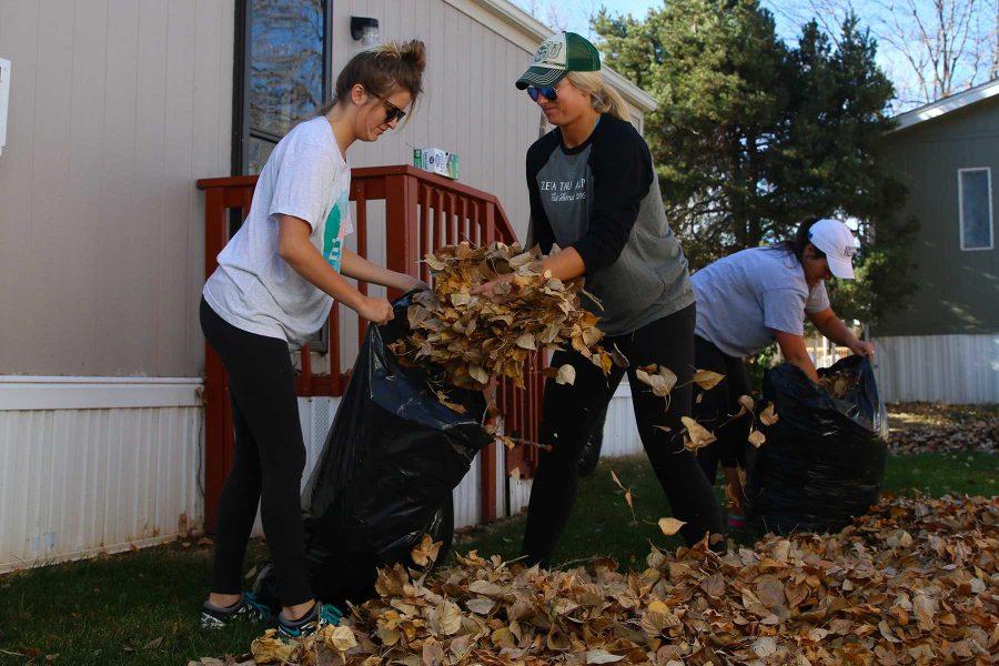 Zeta Tau Alpha Sorority members Margret Doody and Maddie Kuzik pick up leaves and place them in garbage bags during Fall Clean Up on November 5, 2016. (Elliott Jerge | Collegian)
