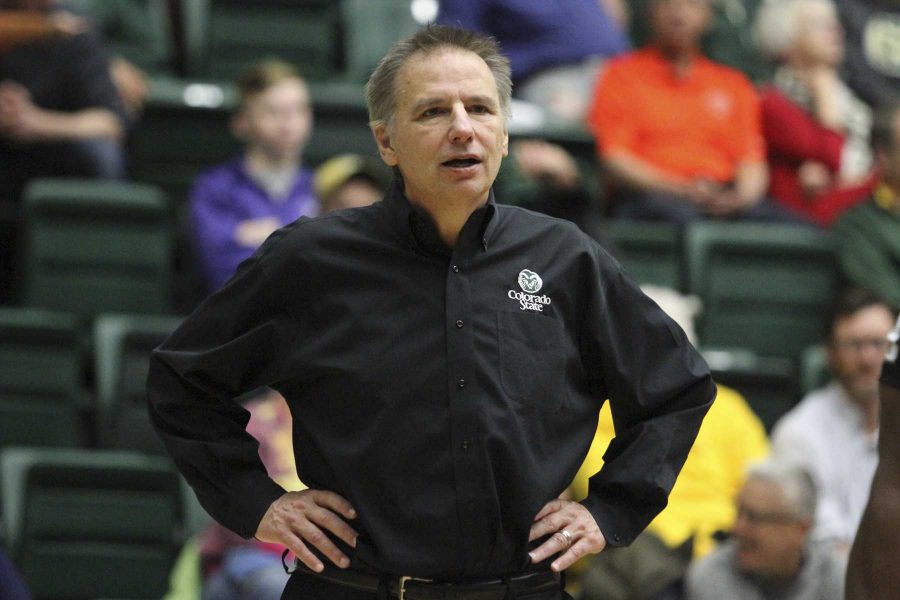 Head Coach Larry Eustachy yells at a ref for a missed foul call in during the 2nd half of the Rams 80-58 win over Alcorn State. (Javon Harris | Collegian)