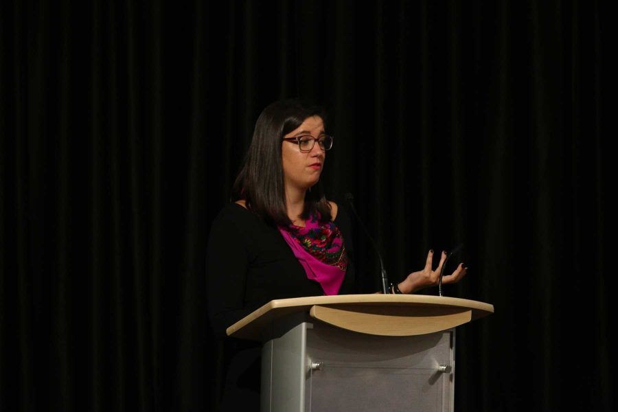 Dr. Adrienne Keene (Cherokee Nation) a Native scholar, writer, blogger, and activist talk to students and the community about Native Appropriations, Indigenous Social Media, and Responding to Racism on college campuses during an event hosted by RamEvents and Native American Cultural Center. (Elliott Jerge | Collegian)