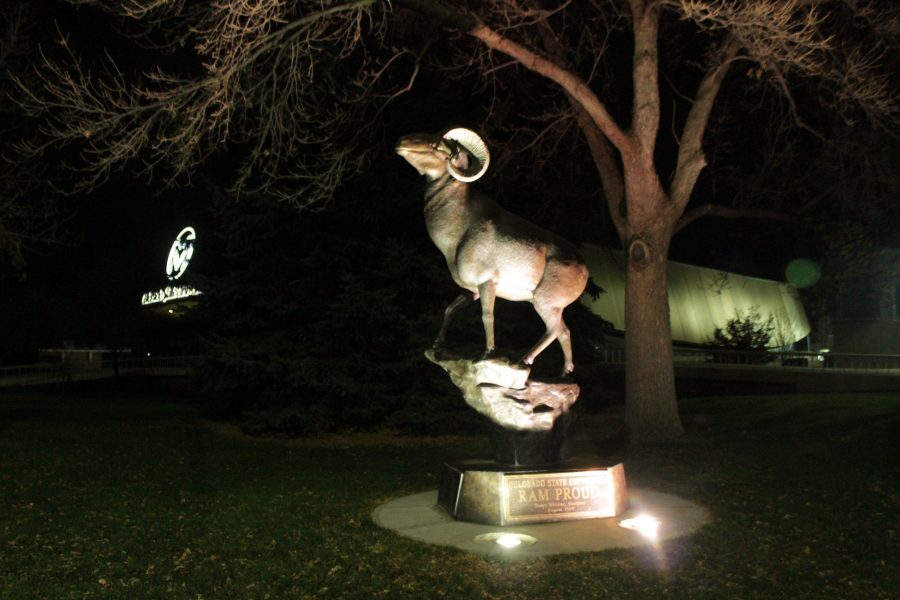 A statue of the stalwart Ram stands tall in the night light.