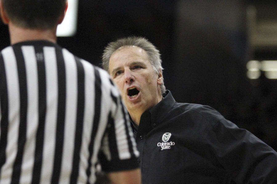 Head Coach Larry Eustachy reacting towards the refs during the 2nd half of the Rams 72-58 win over rival CU. (Javon Harris | Collegian)