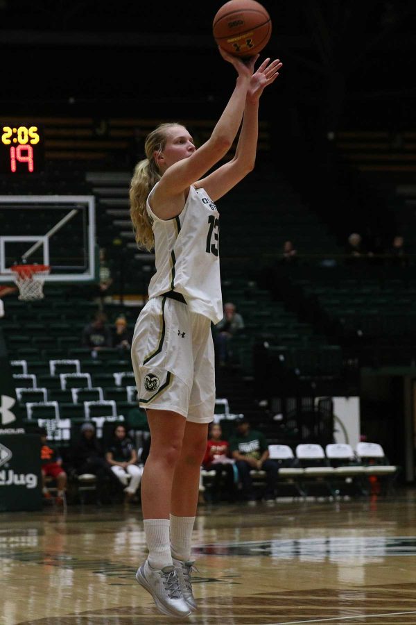 Senior Ellen Nystrom shoots a three pointer during the first quarter of action against Denver on November 30, 2016. (Elliott Jerge | Collegian)