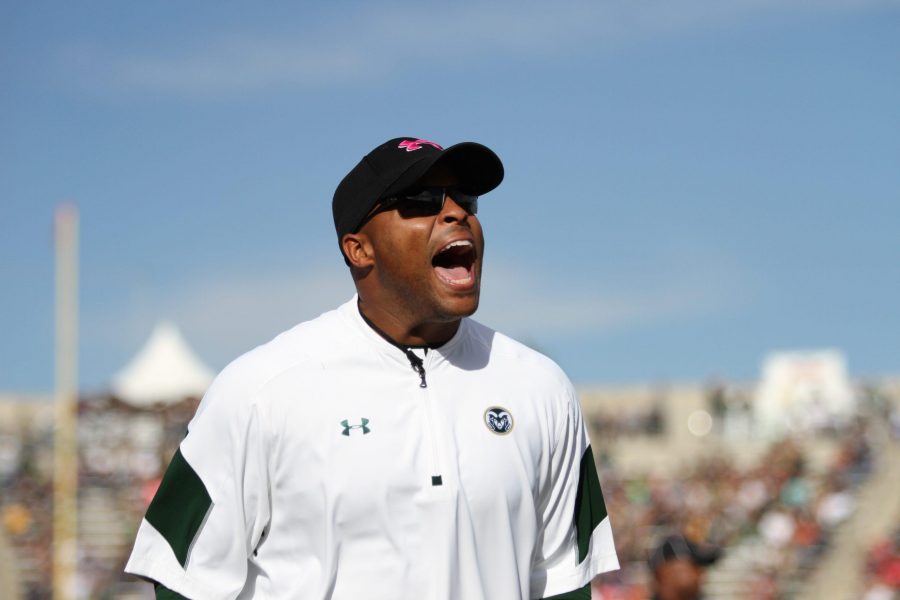 CSU Football Coach hypes up his players during their win against Fresno State. (Javon Harris | Collegian)