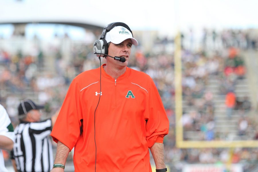 CSU Head Football Coach Mike Bobo looks up at the scoreboard during the Rams win over Fresno State. (Javon Harris | Collegian)