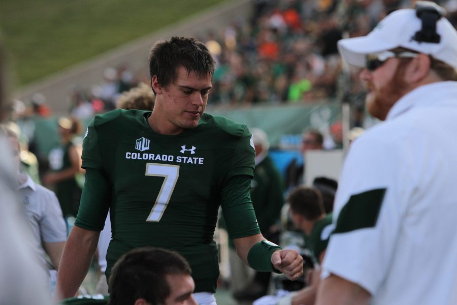 CSU Quarterback Nick Stevens (7) on the sideline during the Rams win over Fresno State. (Javon Harris | Collegian)