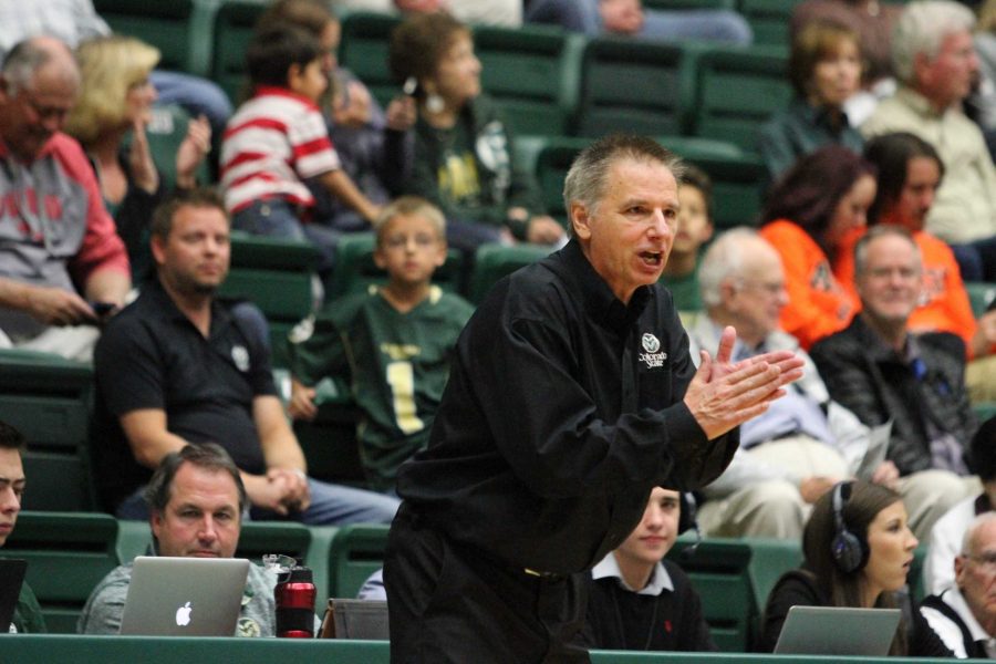 Mens bsketball coach Larry Eustachy reacts to a call during their win over Regis. (Javon Harris | Collegian)