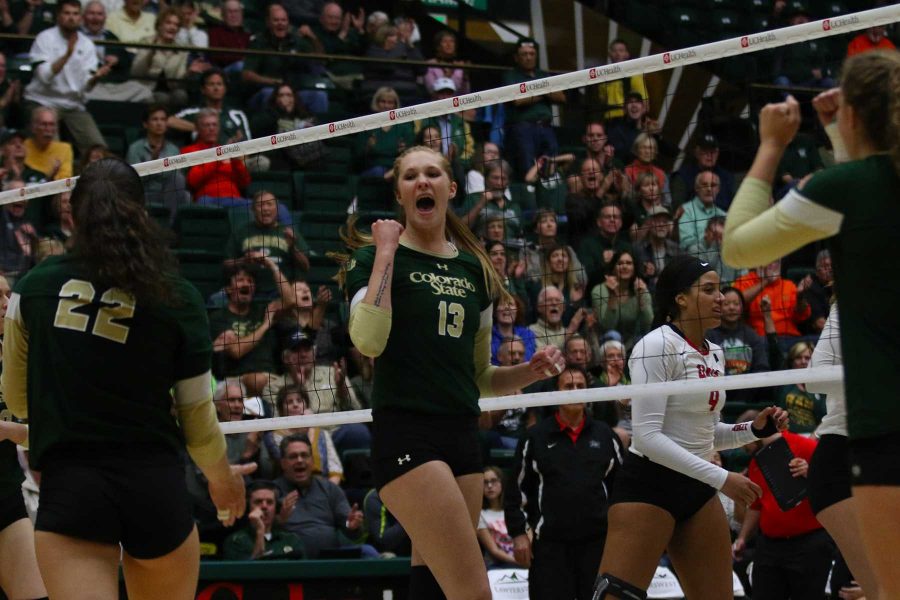 Freshman Kirstie Hillyer celebrates her kill against the UNLV Rebels on November 3, 2016. CSU went on to defeat the rebels in 5 close sets. (Elliott Jerge | Collegian)