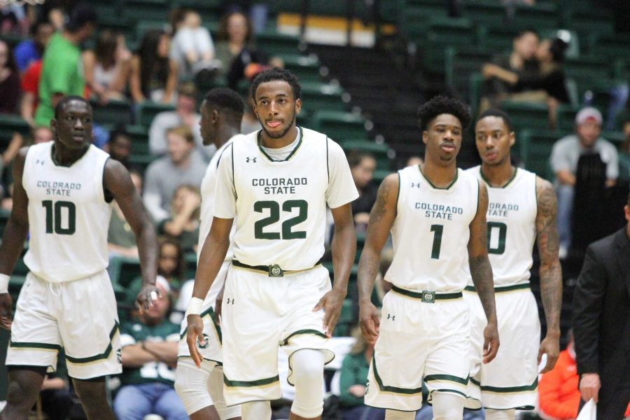 Colorado State Basketball team after a timeout during their game against New Mexico State. (Javon Harris | Collegian)