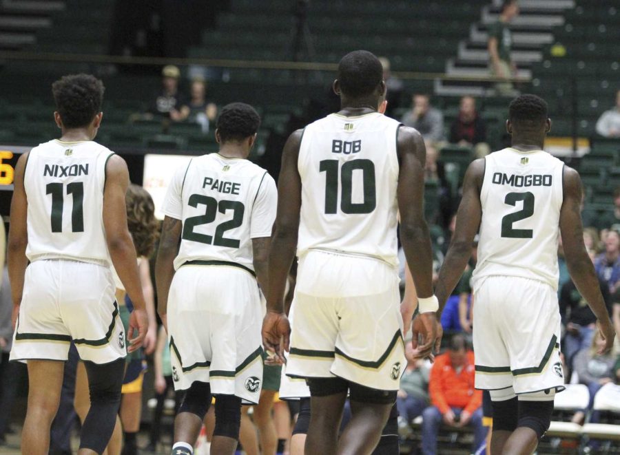 CSU basketball team during their 84-75 win over Fort Lewis. Omogbo and Bob both finished with a game high of 20 points. (Javon Harris | Collegian)