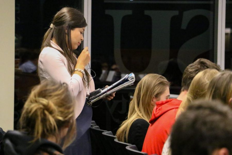 Student body president Daniela Pineda Soracá makes her case on the decision to veto the bill to add more water bottle refilling stations around campus. (Kasen Schamaun | Collegian)
