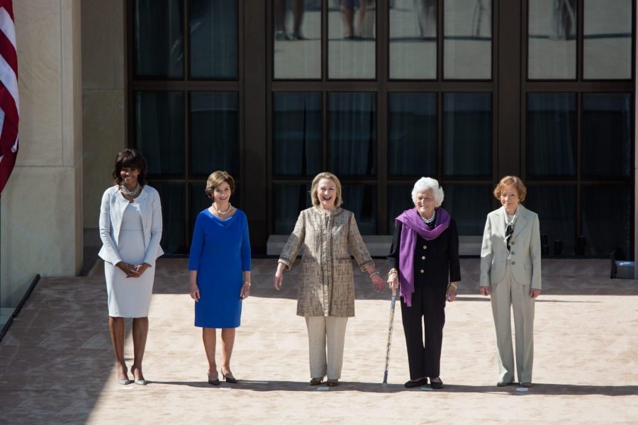 Image of Wikipedia Commons

(the following info was automatically added with the picture)

First Lady Michelle Obama pauses with former First Ladies Laura Bush, Hillary Rodham Clinton, Barbara Bush, and Rosalynn Carter during the dedication of the George W. Bush Presidential Library and Museum on the campus of Southern Methodist University in Dallas, Texas, April 25, 2013. (Official White House Photo by Lawrence Jackson) 

This official White House photograph is being made available only for publication by news organizations and/or for personal use printing by the subject(s) of the photograph. The photograph may not be manipulated in any way and may not be used in commercial or political materials, advertisements, emails, products, promotions that in any way suggests approval or endorsement of the President, the First Family, or the White House.