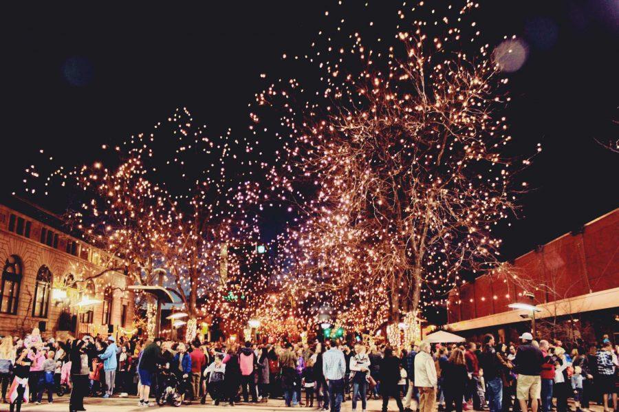 Oak Street Plaza illuminated with thousands of LED lights.