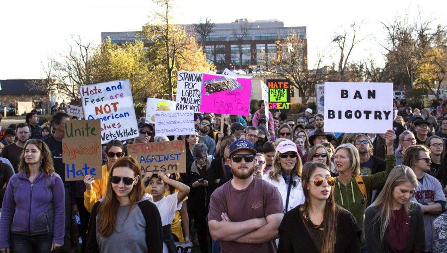 Hundreds gathered for peaceful protest in light of the recent presidential election at Civic Center Park for the Peace and Solidarity Rally hosted by Fort Collins for Progress. (Brooke Buchan l Collegian) Photo credit: Brooke Buchan