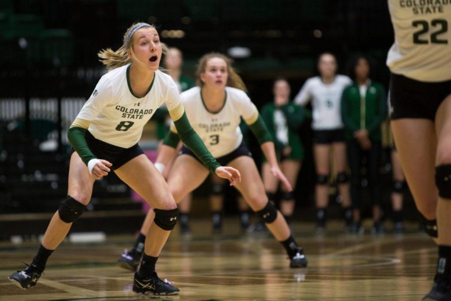 Defensive Specialist Amanda Young (8) calls out to her teamates during the win against Air Force on Saturday. (Ryan Arb | Collegian.)