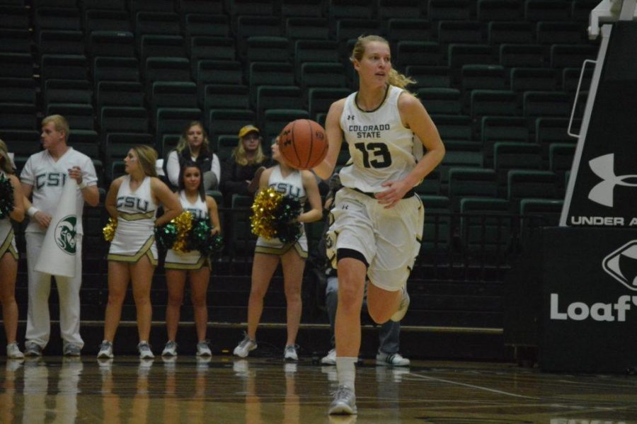 Ellen Nystrom (13) brings up the ball against University of Northern Colorado Dec. 4, 2016 at Moby Arena in Fort Collins, Colo. Nystrom finished the day with 20 points, 13 rebounds, and eight assists. Photo credit: Nathan Kaplan