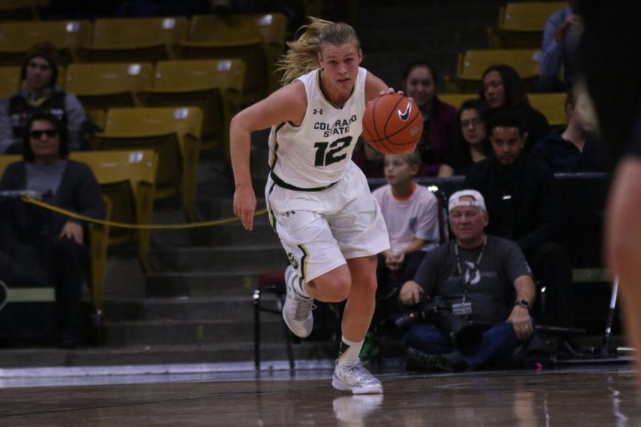 Sophomore Callie Kaiser moves the ball up the court beating any CU defenders in her path. (Elliott Jerge | Collegian)