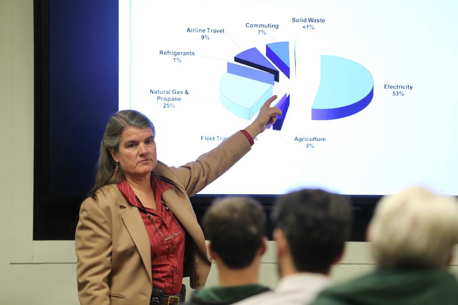 Carol Dollard speaks about Colorado State University's carbon footprint statistics at the campus sustainability forum on Tuesday night. (Forrest Czarnecki | Collegian)