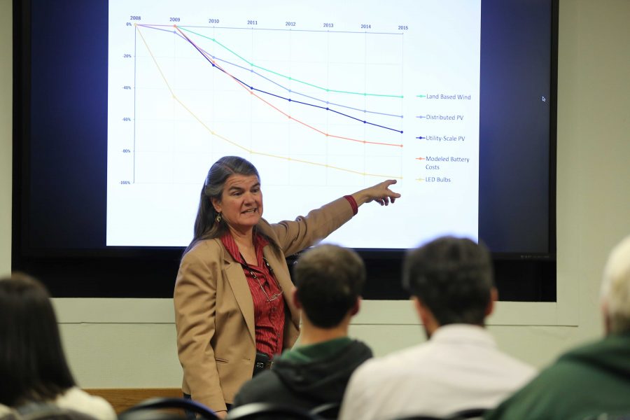 Carol Dollard speaks about Colorado State University's carbon footprint statistics at the campus sustainability forum on Tuesday night. (Forrest Czarnecki | Collegian)