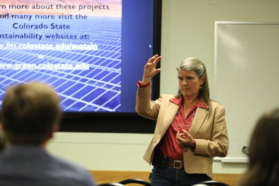 Carol Dollard speaks about Colorado State University's carbon footprint statistics at the campus sustainability forum on Tuesday night. (Forrest Czarnecki | Collegian)