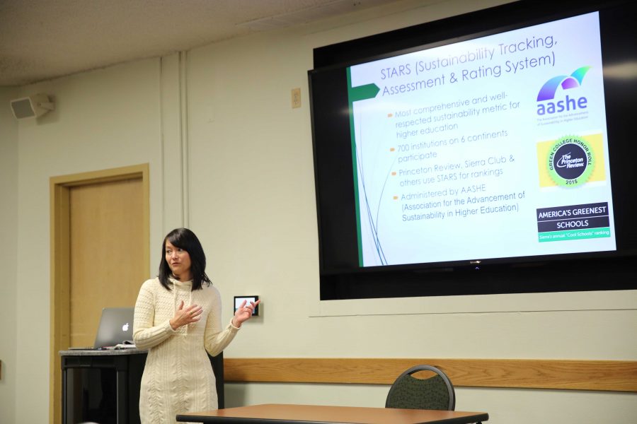 Tonie Miyamoto speaks about Colorado State University's sustainability ratings and statistics at the campus sustainability forum on Tuesday night. (Forrest Czarnecki | Collegian)