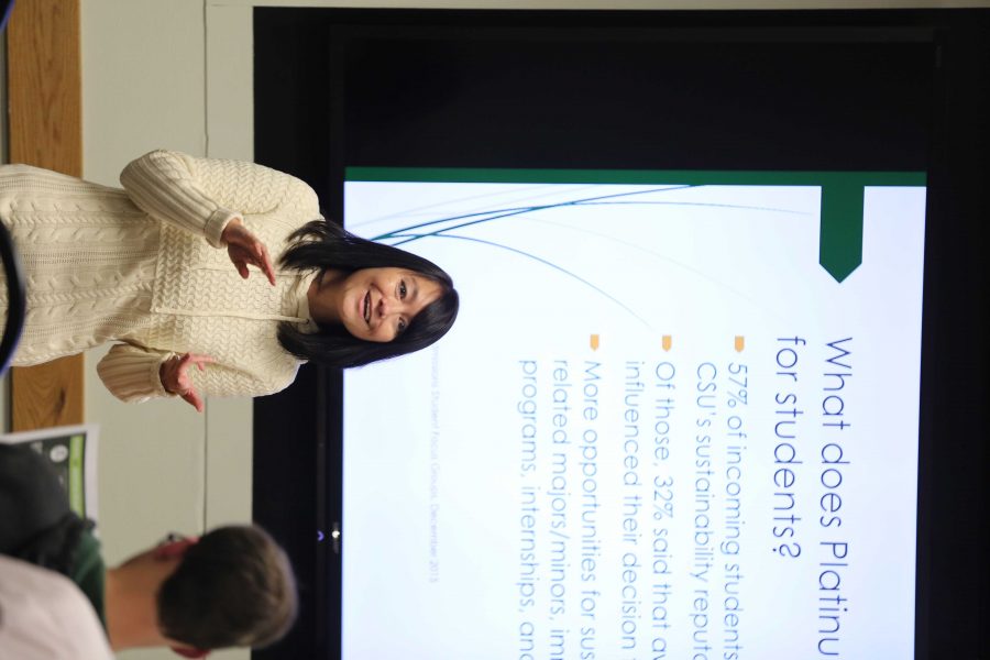 Tonie Miyamoto speaks about Colorado State University's sustainability ratings and statistics at the campus sustainability forum on Tuesday night. (Forrest Czarnecki | Collegian)