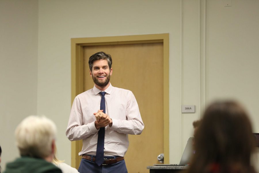 Tim Broderick speaks about Colorado State University's composting procedures and statistics at the campus sustainability forum on Tuesday night. (Forrest Czarnecki | Collegian)
