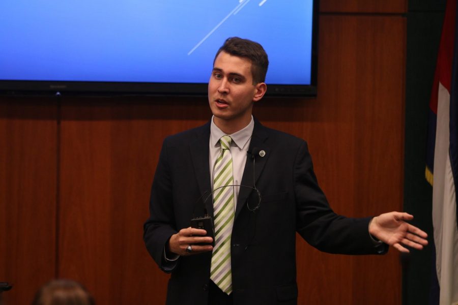 Mike Lensky, vice president for ASCSU, addressed the senate regarding the diversity bill Wednesday night. (Elliott Jerge | Collegian)
