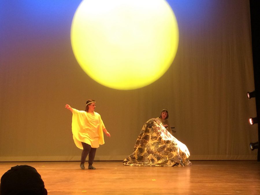 Dancers perform their choreography in the tale of Calling the Sun. Photo credit: Sarah Ehrlich