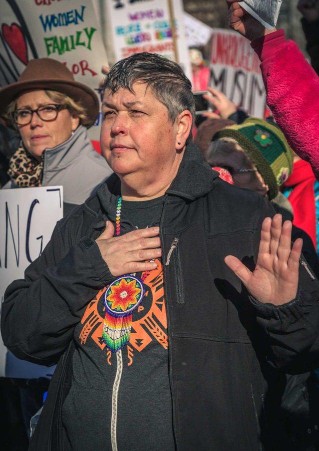 A march participant helps lead the parade through Denver, January 21, 2017 (Davis Bonner | Collegian) 